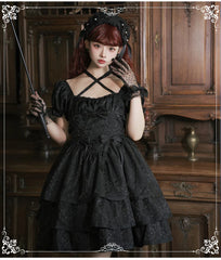 Eieyomi - Thorn Rose - Gothic Lolita Three-layer Ruffle Black OP