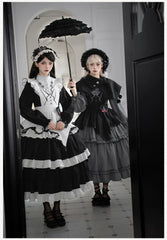 With PUJI - Castle Night - Gothic Twins Lolita OP Three-tiered Embroidery Dress