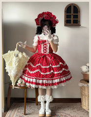 TaTaTa Lolita - Polka Bailys - Old School Lolita JSK Suit Red White Polka Dot Dress