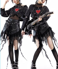 YingLuoFu - Vintage Punk Lolita Heart Pattern Black Skirt Suit