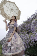 Cyan Lolita - Blooming Tree Shade - Elegant Lolita OP Oil Painting Print Bow Dress