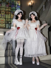 With PUJI - Dawn's Last Light - Castle Printed White Gothic Lolita OP, Two Length Styles