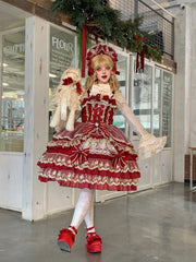 Hanguliang - Gem Crown - Sweet Lolita JSK Suit Tiered Ruffles Doll-Like Dress and BNT