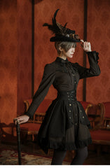 Mr. Yi's Steam Continent - Gothic Lolita Skirt Black High-Waisted Leather Waistband Skirt