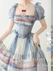 Lo-cyan Lolita - Island Garden - Elegant Lolita OP Dress Oil Painting Print V-Waist Bow Dress