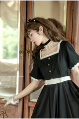 HuTaoMuJK - Thoughts - Vintage Lolita OP Dress Square Neckline Black Lolita Dress
