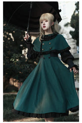 With PUJI - College of Potions - Elegantt Lolita OP Dress Black and Green Dress with Cape