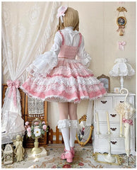 Qianmu - Girl's Secret - Pink Sweet Lolita JSK Dress with Lace and Bow Trailing