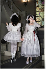 With PUJI - Dawn's Last Light - Castle Printed White Gothic Lolita OP, Two Length Styles