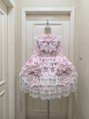 Hanguliang - Cross Heart Knot - Sweet Lolita JSK Suit Tiered Ruffles Dress with Lace Blouse