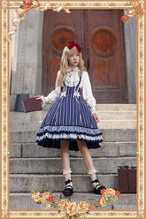 Infanta - Elegant Lolita Stripe High-waist Jumper Dress Set and Cape