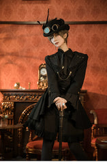 Mr. Yi's Steam Continent - Gothic Lolita Skirt Black High-Waisted Leather Waistband Skirt