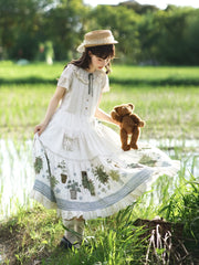 Piggy Bun - Potted Plant - Country Lolita Dress, Green Plant Print