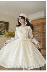With PUJI - Floral Melody - Ivory Classic Lolita Long Sleeve OP Dress with Layered Bolero