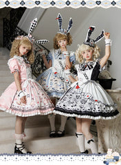 YingLuoFu - Alice - Kawaii Lolita OP Dress, Rabbit & Playing Card Motifs