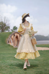 HuTaoMuJK - Belle - Yellow Lolita OP Dress Set Apron Dress Plaid Print