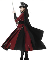 CHUNLV LOLITA - Crimson Knight - Military Lolita Dress Outfit Red OP Black Cloak Waistband
