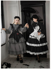 With PUJI - Castle Night - Gothic Twins Lolita OP Three-tiered Embroidery Dress