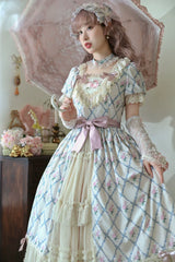 Moon River - Elegant Lolita OP Dress Short Sleeve Square Neckline Print Dress