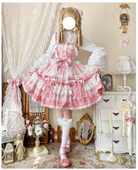 Qianmu - Girl's Secret - Pink Sweet Lolita JSK Dress with Lace and Bow Trailing
