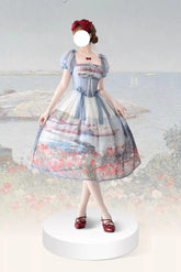 Lo-cyan Lolita - Island Garden - Elegant Lolita OP Dress Oil Painting Print V-Waist Bow Dress