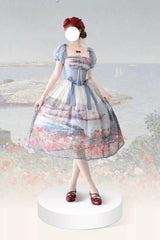 Lo-cyan Lolita - Island Garden - Elegant Lolita OP Dress Oil Painting Print V-Waist Bow Dress