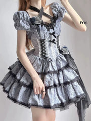 Xingweimian - Medea's Kiss - Gothic Lolita OP Dress Short-Sleeved Black-blue Dress Set