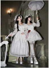 With PUJI - Dawn's Last Light - Castle Printed White Gothic Lolita OP, Two Length Styles