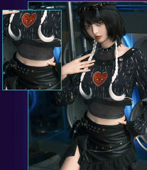YingLuoFu - Vintage Punk Lolita Heart Pattern Black Skirt Suit