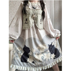 Akiyama Future Studio - Black Cat and Lily - Loose Kawaii Lolita OP Dress with Vest and Hat