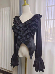 Acorn Lolita - Penetrating - Gothic Lolita Shirt with Long Sleeve and Rib Style Ruffles