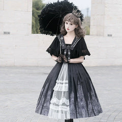 Cornfield Lolita - Silent Church - Gothic Lolita JSK Front Open Printed Dress and Thin Cardigan Set