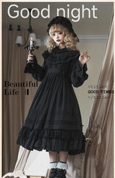 Sanshanjiu - Goodnight Black - Gothic Lolita Black OP with Round Cape Collar
