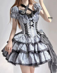 Xingweimian - Medea's Kiss - Gothic Lolita OP Dress Short-Sleeved Black-blue Dress Set