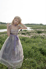 Cyan Lolita - Blooming Tree Shade - Sweet Lolita Strap JSK Bow Oil Painting Print Dress