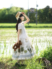 Piggy Bun - Potted Plant - Country Lolita Dress, Green Plant Print