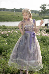 Cyan Lolita - Blooming Tree Shade - Sweet Lolita Strap JSK Bow Oil Painting Print Dress