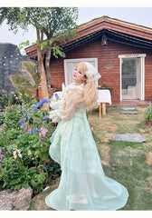 Yingtang - Plus Size Lolita JSK Dress Green Floral Lolita Dress Caidigan Set