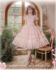 Mademoiselle Pearl - Confession under the Sakura Tree - Sweet Lolita Pink JSK and OP Dress Set
