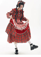 Soso Meme Club - Vintage Lolita OP Dress Red Lolita Plaid Dress for Spring Summer