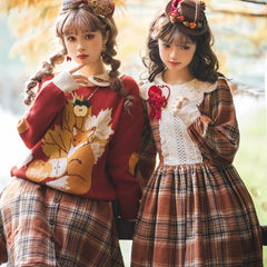 Miss Point - Chubby Fox in the Forest - Customized Lolita OP Dress Plaid Loose Daily Dress