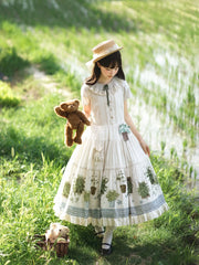 Piggy Bun - Potted Plant - Country Lolita Dress, Green Plant Print