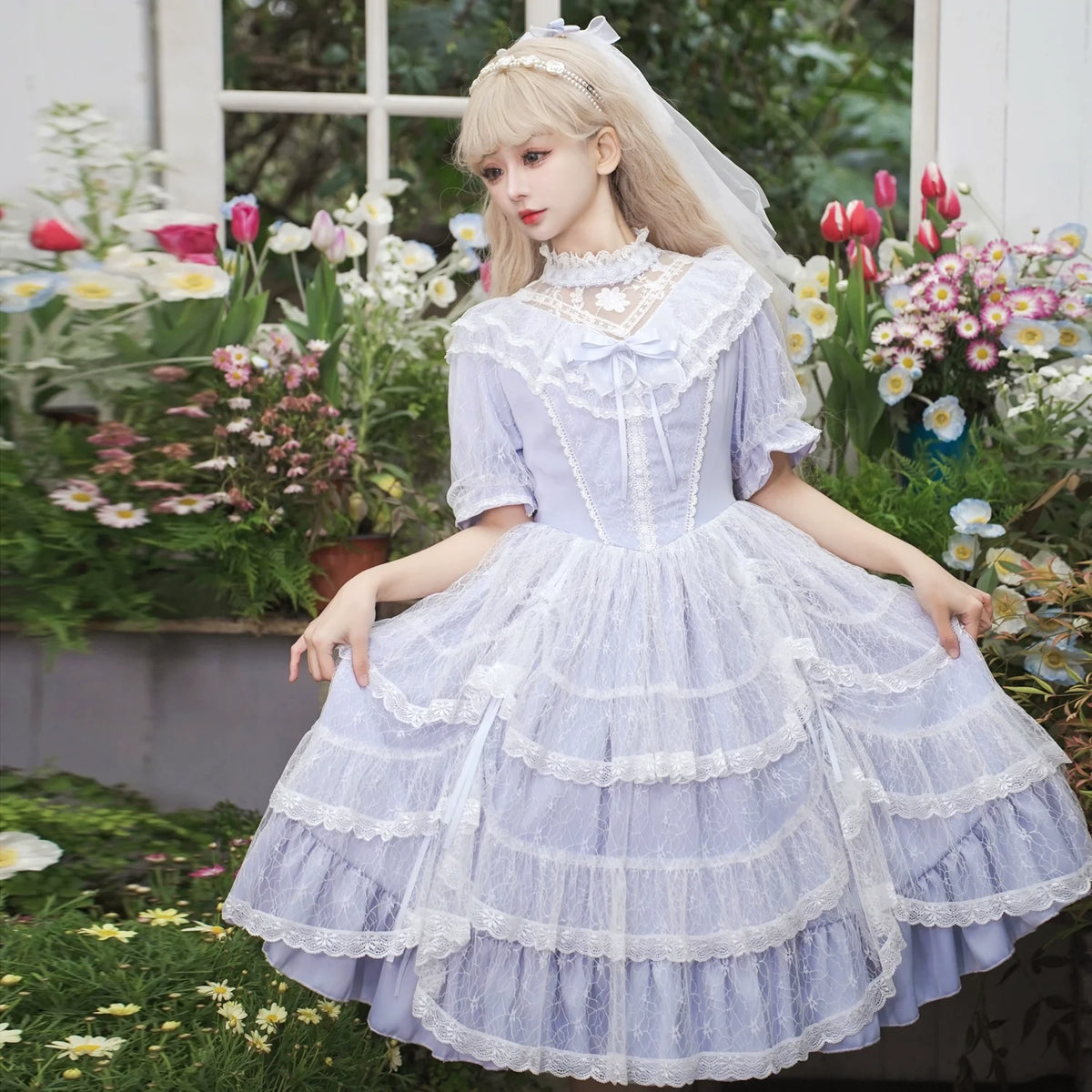 Eieyomi - Iris Love - Classic Lolita OP Princess Lolita Puff Dress and Veil