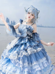 YingLuoFu - Blue Breath Jellyfish - Classic Lolita Jumper Dress, Side Zipper