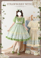 Strawberry Witch - Lily of the Valley Kitten - Country Lolita OP with Embroidery and Cat Print