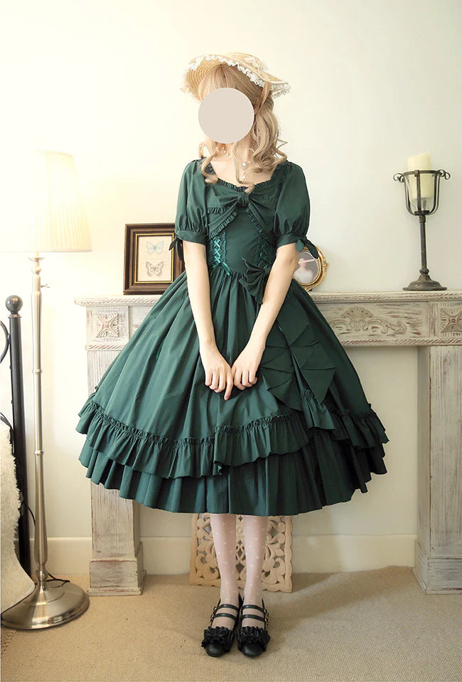Forest Song - Elegant Lolita Solid Color Bow OP Dress Multicolors