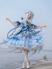 YingLuoFu - Blue Breath Jellyfish - Classic Lolita Jumper Dress, Side Zipper