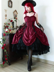 Moonlit Fragrance - Red Night Hunt - Classic Lolita Jumper Dress Wine Red JSK