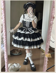 TaTaTa Lolita - Otome Heart - Cotton Old School Lolita JSK Dress Suit, Heart-Shaped Lace Trim