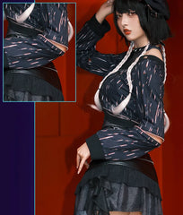 YingLuoFu - Vintage Punk Lolita Heart Pattern Black Skirt Suit